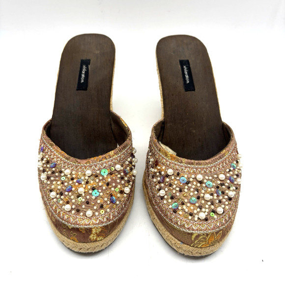 Vintage 90s Y2K Xhilaration Brown Satin Beaded Sequin Espadrille Wedge Heels 6 - Picture 2 of 16